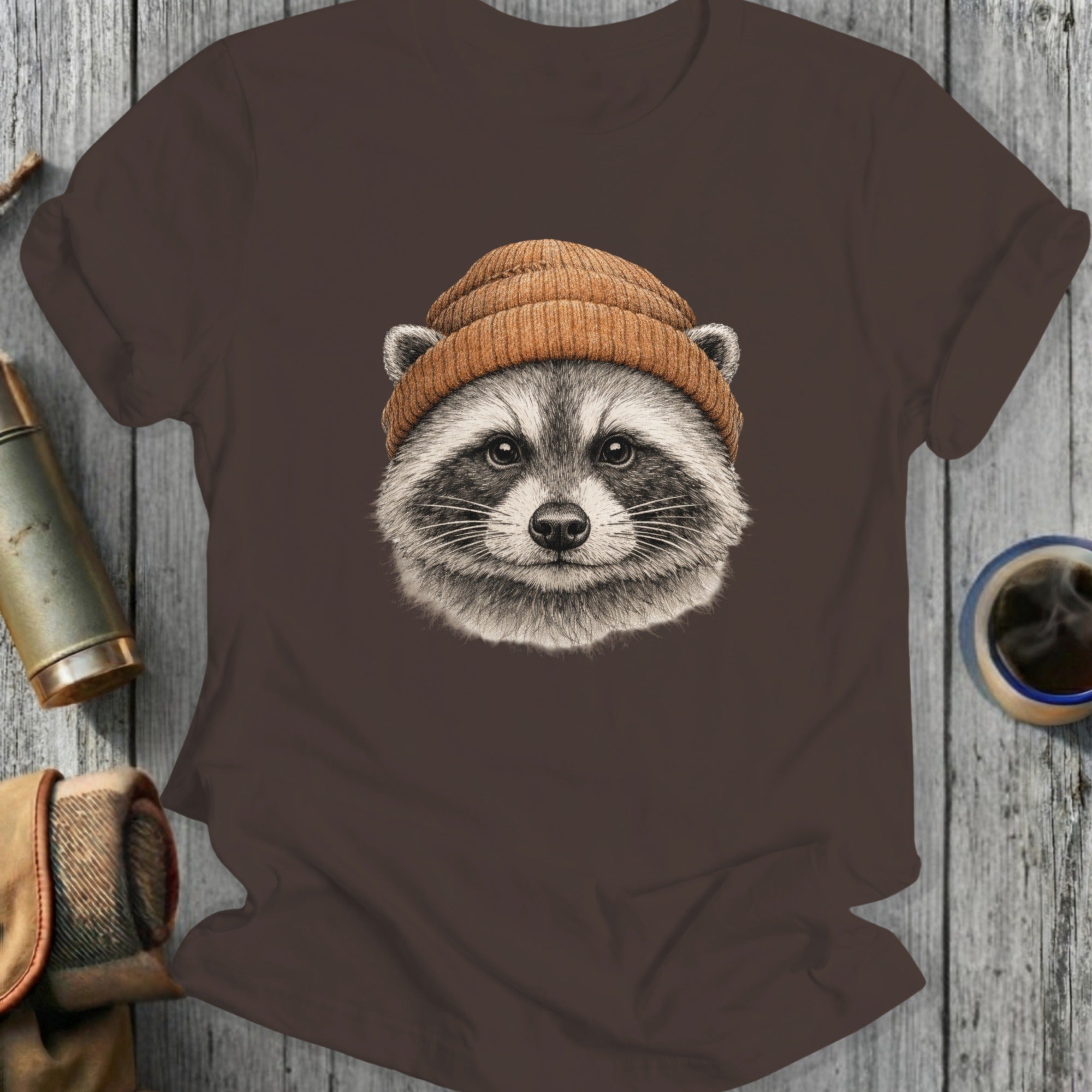 Raccoon with Brown Beanie Graphic Tee Shirt Product