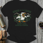 Goose on the loose with short legs, shorter temper, graphic on a t-shirt.