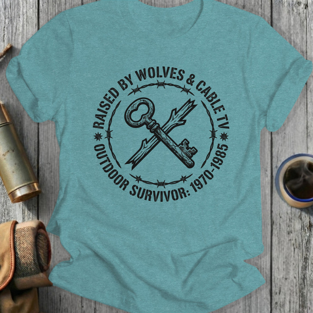 T-shirt with a graphic of a key, barbed wire, and text "Raised by Wolves & Cable TV Outdoor Survivor".