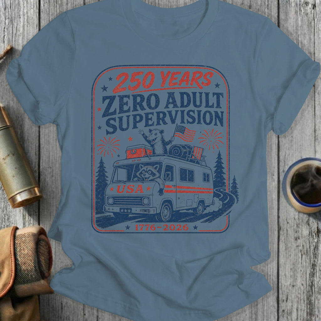 RV with raccoon wearing sunglasses and American flag, "250 Years Zero Adult Supervision" text.