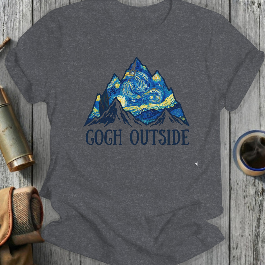 Dark grey t-shirt with mountains in Van Gogh's Starry Night style, text reads "GOGH OUTSIDE".