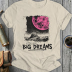 Turtle looking at a pink moon with "LITTLE LEGS BIG DREAMS" text.