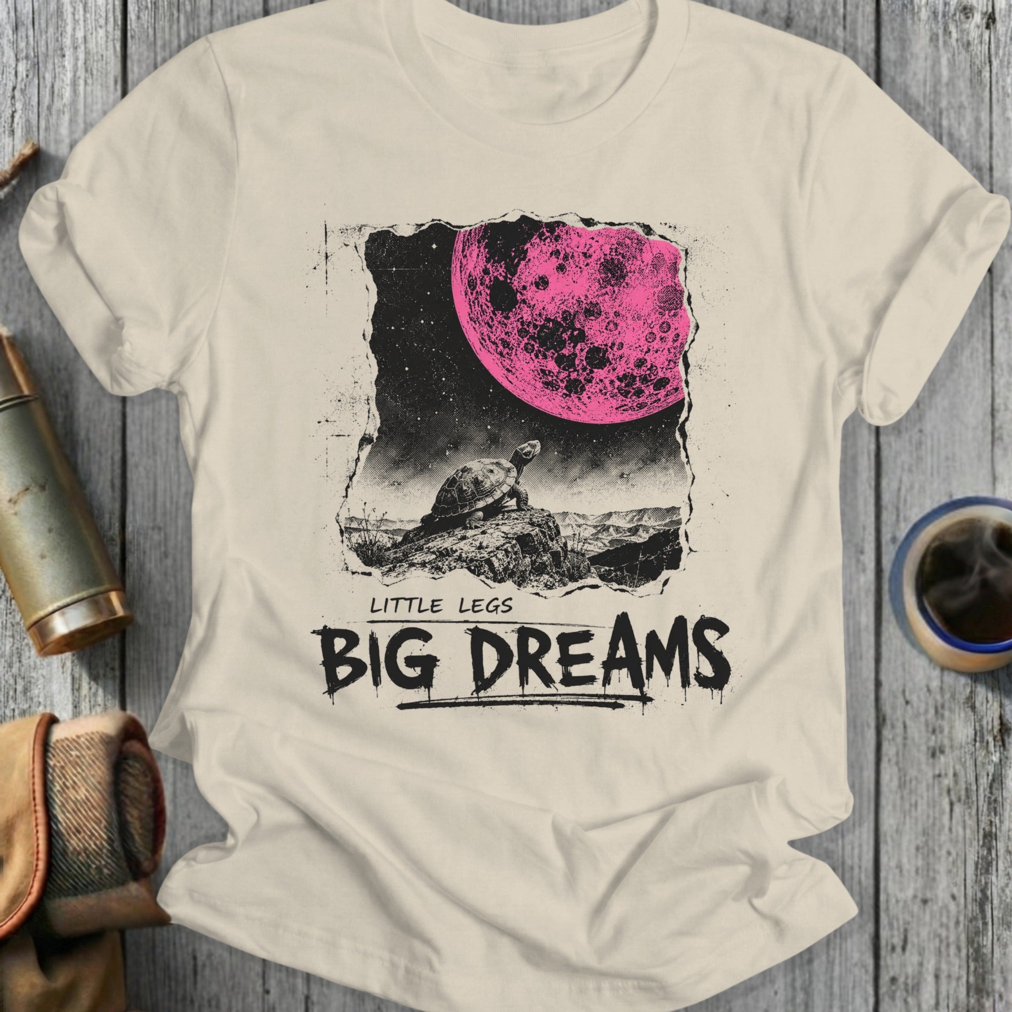 Turtle looking at a pink moon with "LITTLE LEGS BIG DREAMS" text.