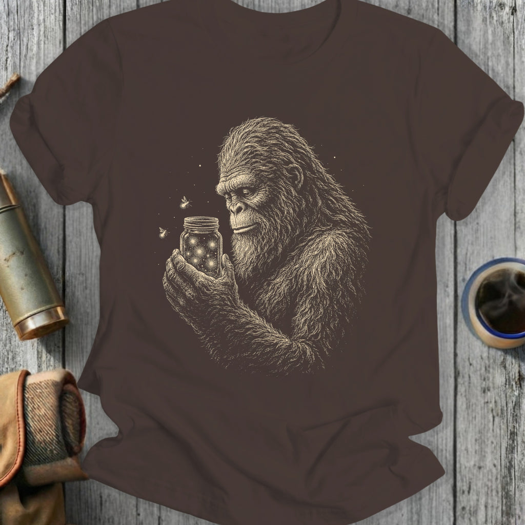 Bigfoot holding a jar with fireflies, drawn in sketch style on a brown t-shirt.