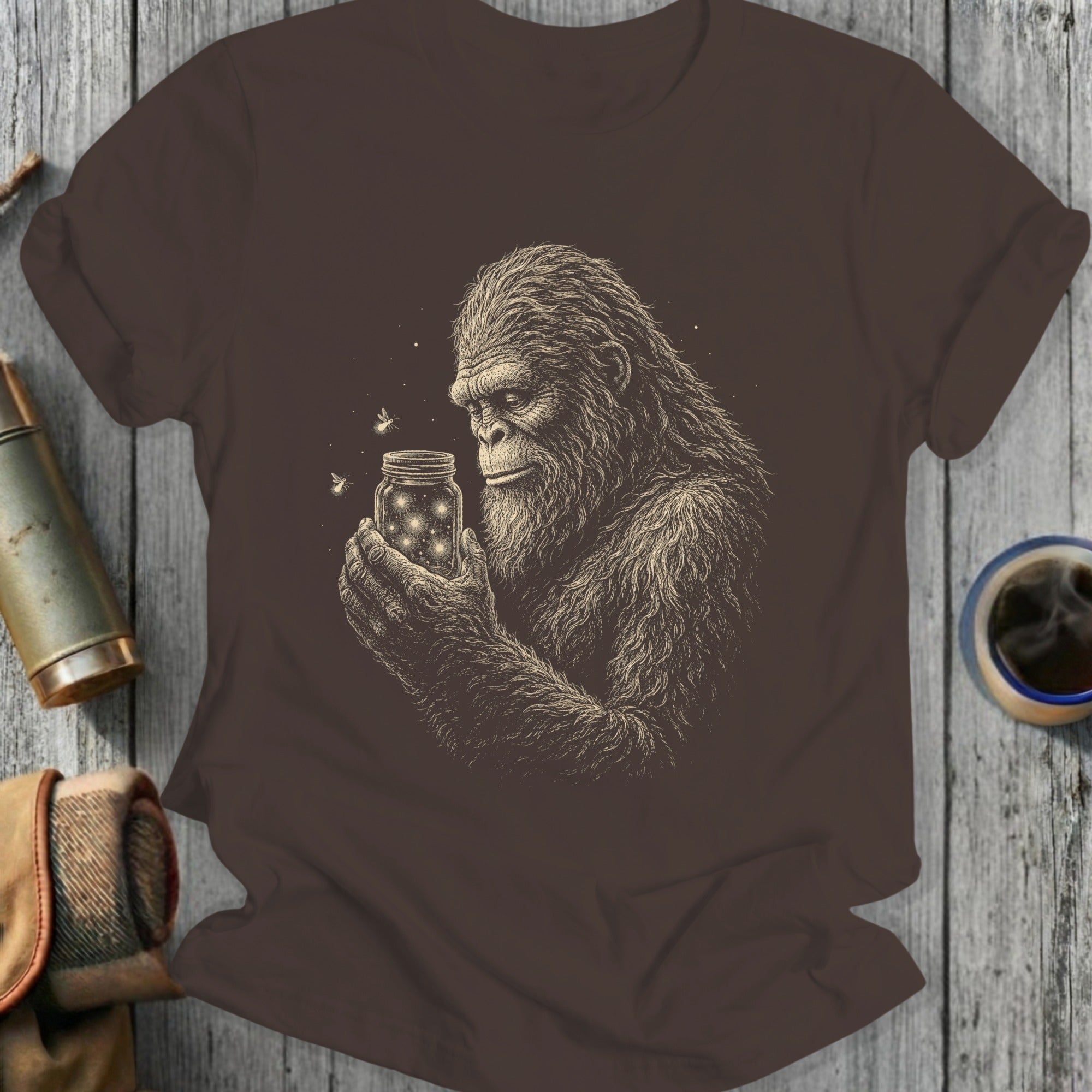 Bigfoot holding a jar with fireflies, drawn in sketch style on a brown t-shirt.