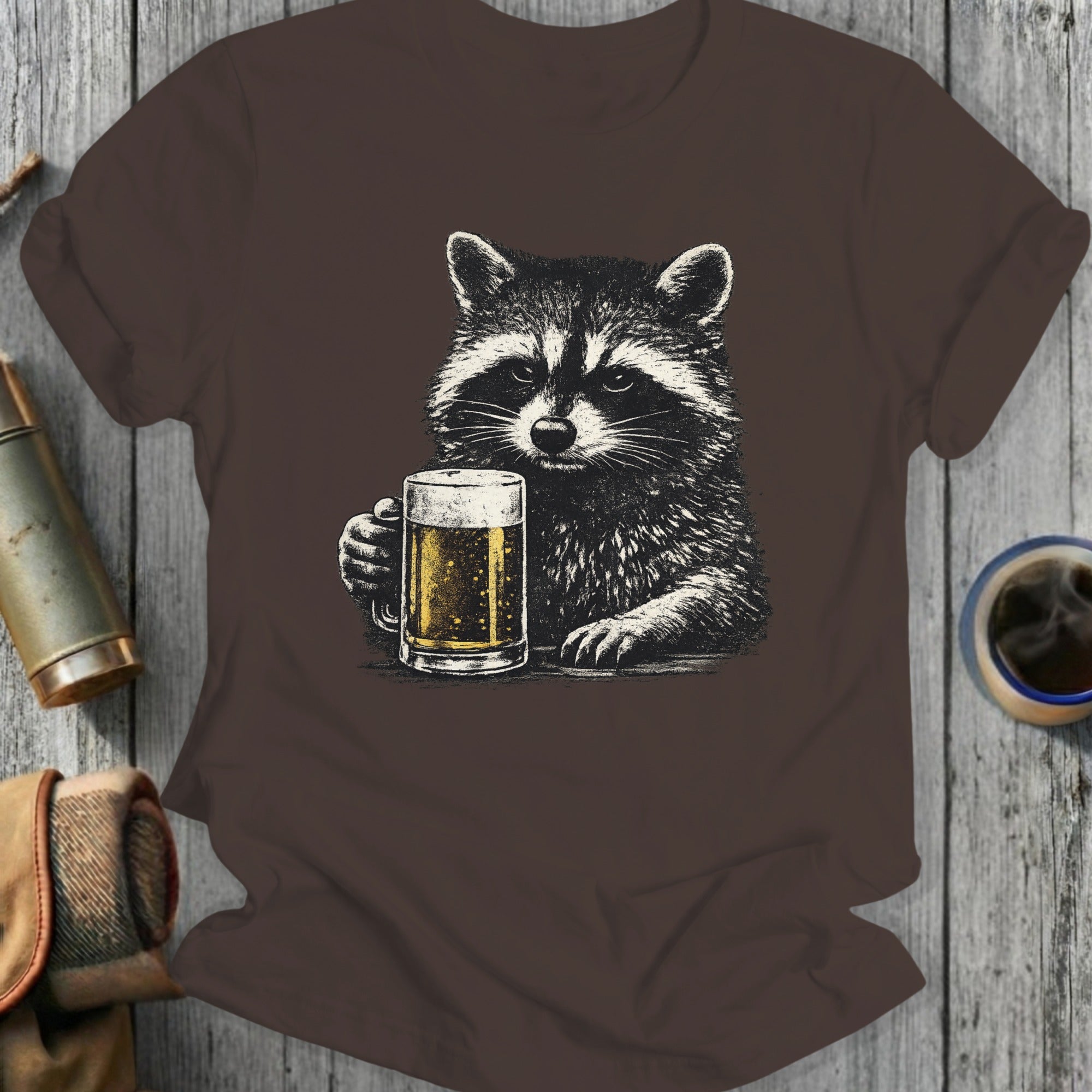 Raccoon Holding Beer Mug Graphic Casual T-shirt