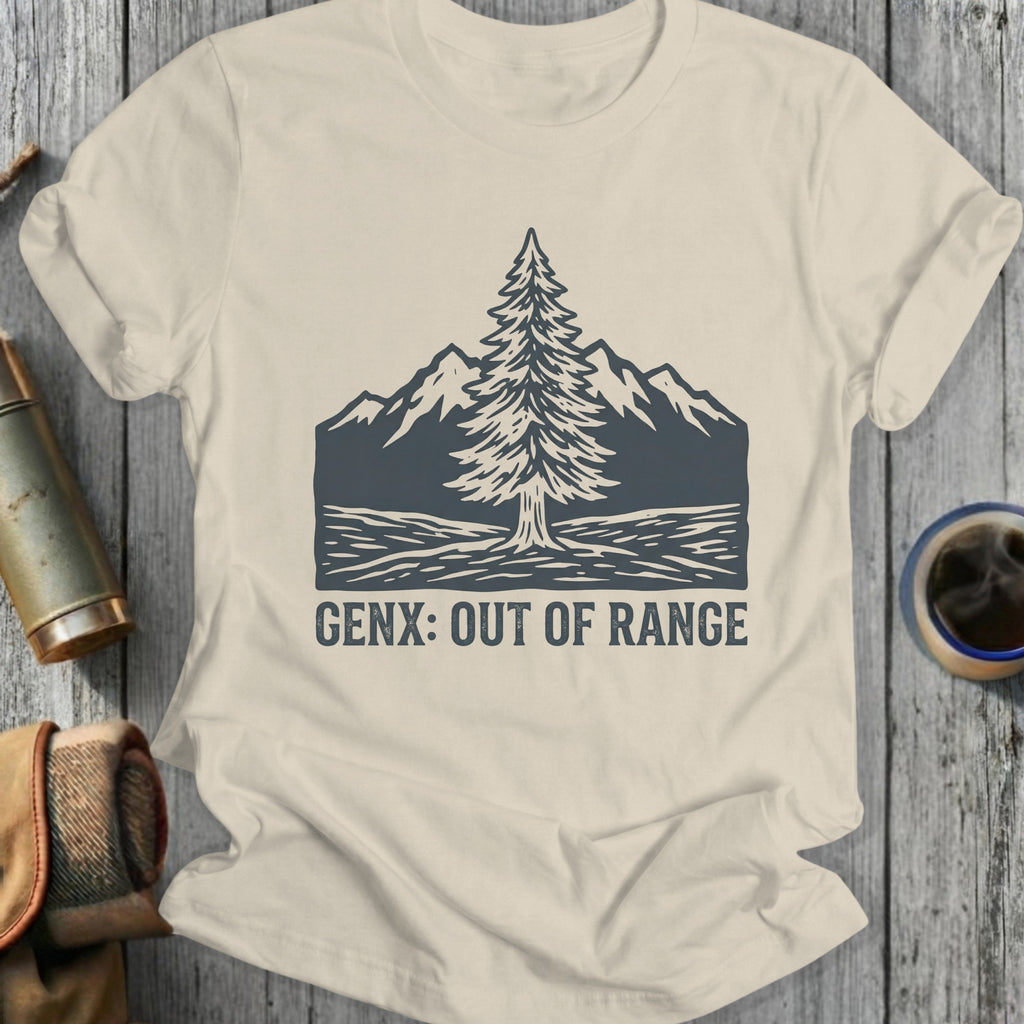 T-shirt with pine tree and mountains graphic, text "GENX: OUT OF RANGE".