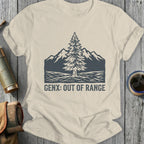 T-shirt with pine tree and mountains graphic, text "GENX: OUT OF RANGE".