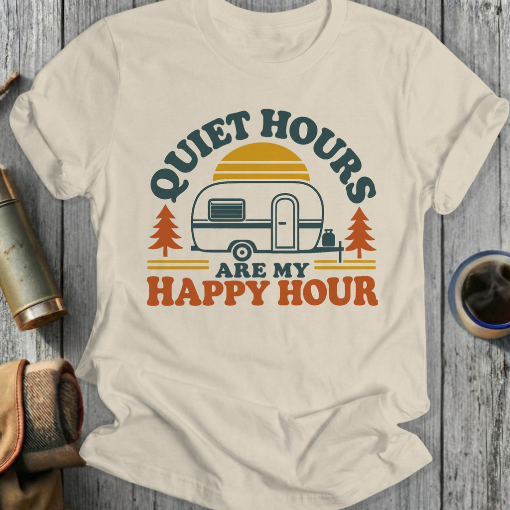 Cream t-shirt with retro graphic of a camper, trees, and text "Quiet Hours Are My Happy Hour".