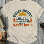 Cream t-shirt with retro graphic of a camper, trees, and text "Quiet Hours Are My Happy Hour".
