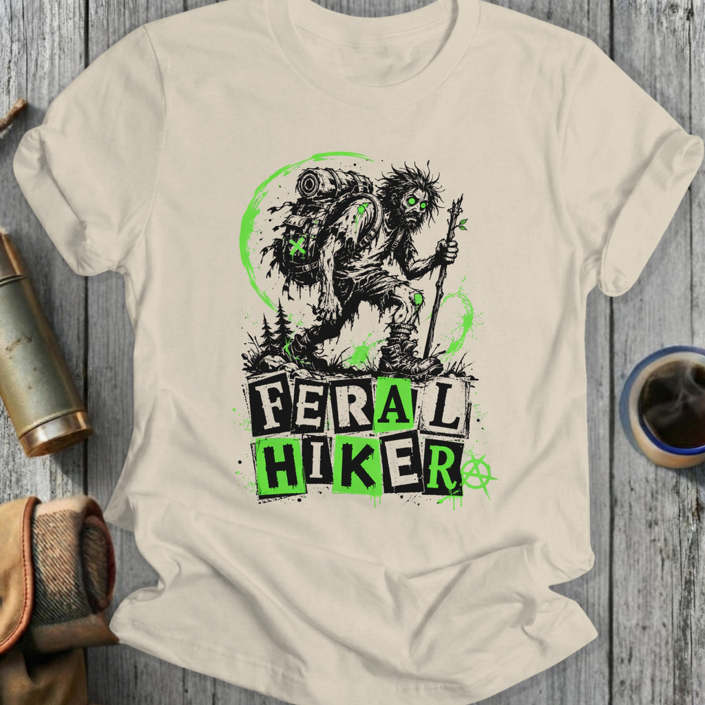 Feral Hiker graphic t-shirt with distressed zombie hiker design.