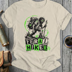 Feral Hiker graphic t-shirt with distressed zombie hiker design.