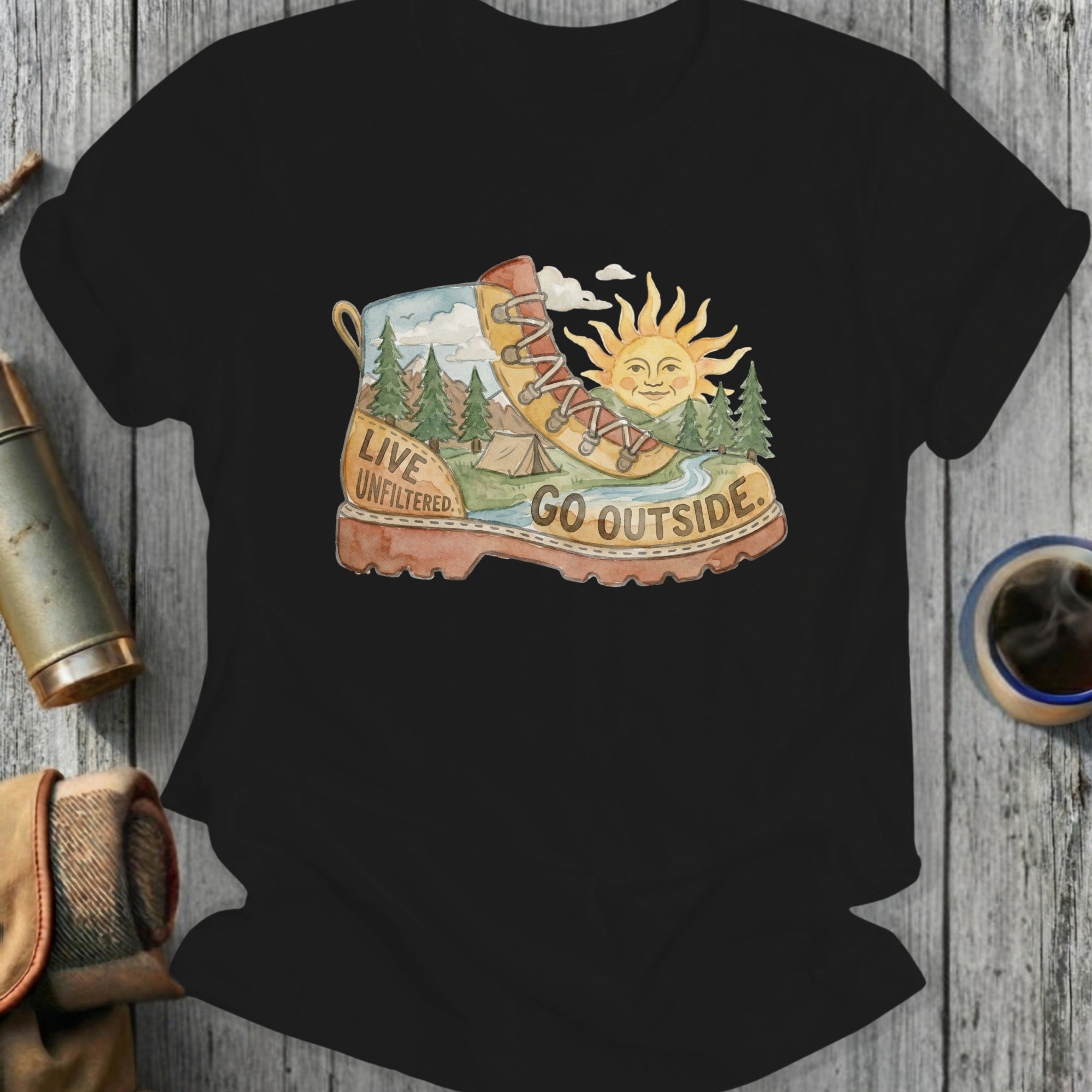 Hiking boot with "Live Unfiltered Go Outside" text and camping scene.