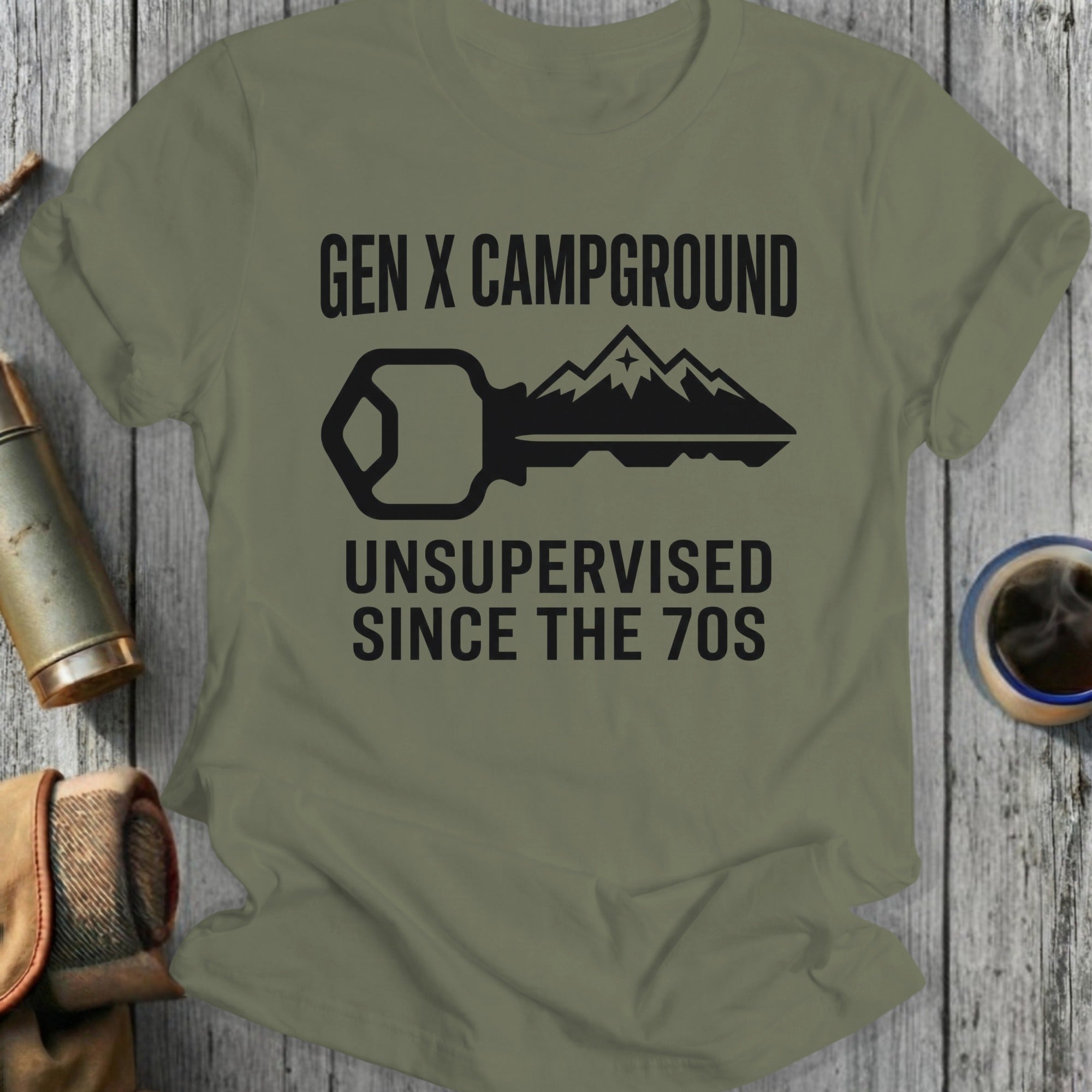 Gen X Campground Unsupervised Since the 70s graphic t-shirt.