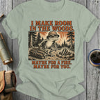 Frog with wood and campfire, "I make room in the woods. Maybe for a fire. Maybe for you."