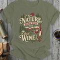 Green t-shirt graphic: "Nature Pairs Well With Wine" with camping and mountain scene.
