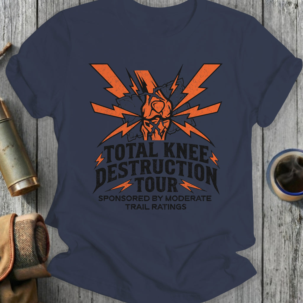Dark blue t-shirt with orange "Total Knee Destruction Tour" graphic.