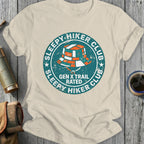 Distressed logo for Sleepy Hiker Club, Gen X Rated, on a cream t-shirt.