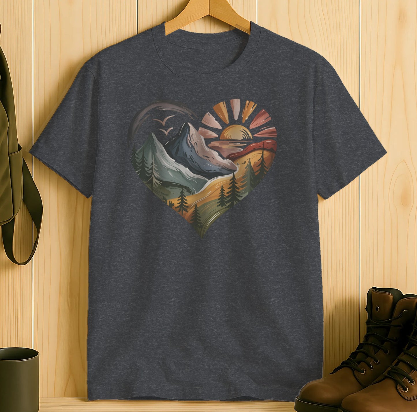 Adventure Mountains Sunset Heart Design T shirt product