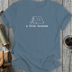 Blue t-shirt with a white line drawing of a tent and the text "a little intense".