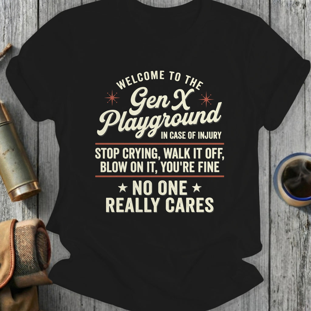 Gen X Playground t-shirt with text about toughness and not caring.
