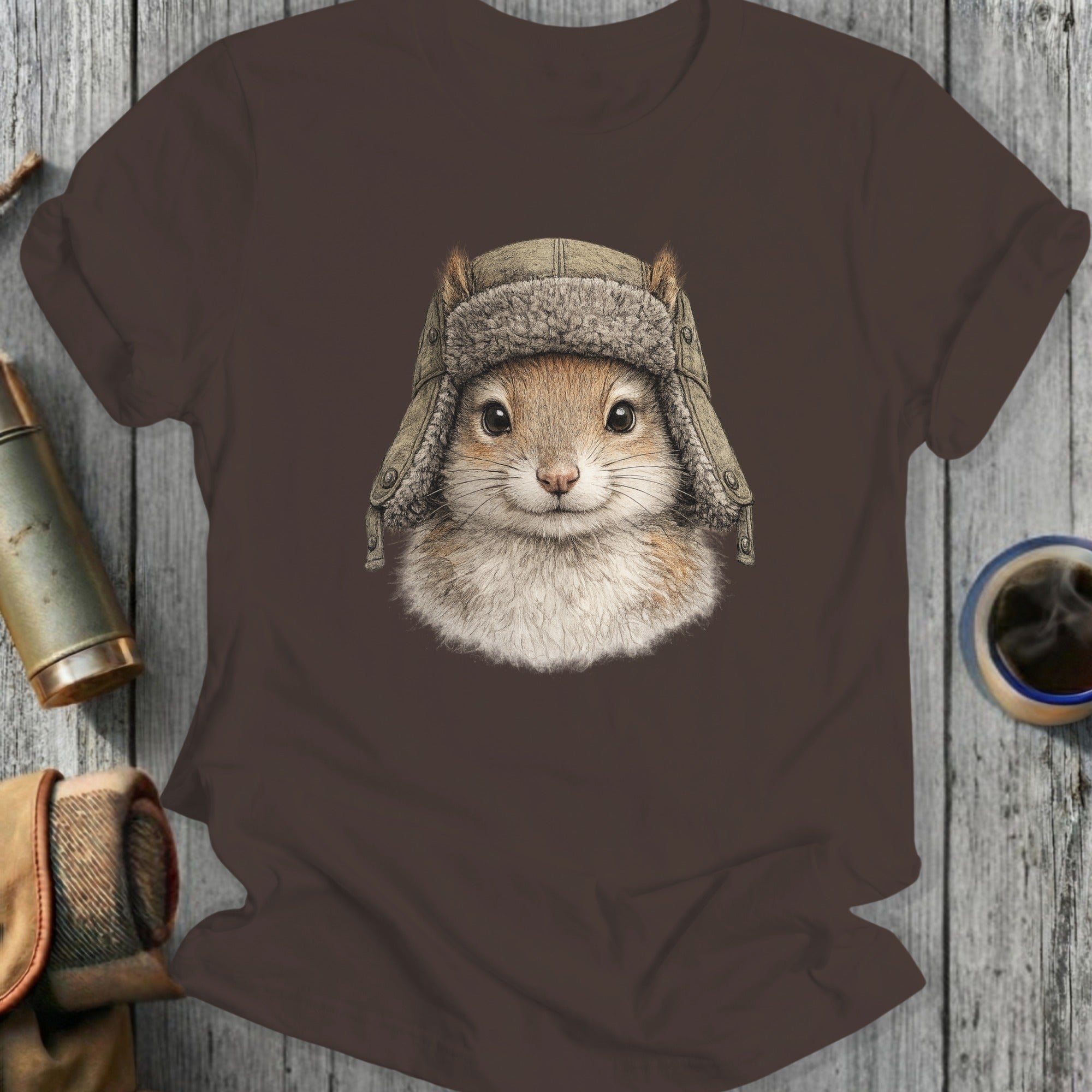 Cute Squirrel with Hat Design Printed on Brown Shirt