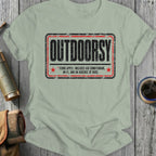 T-shirt with "OUTDOORSY" text and terms including air conditioning and Wi-Fi.