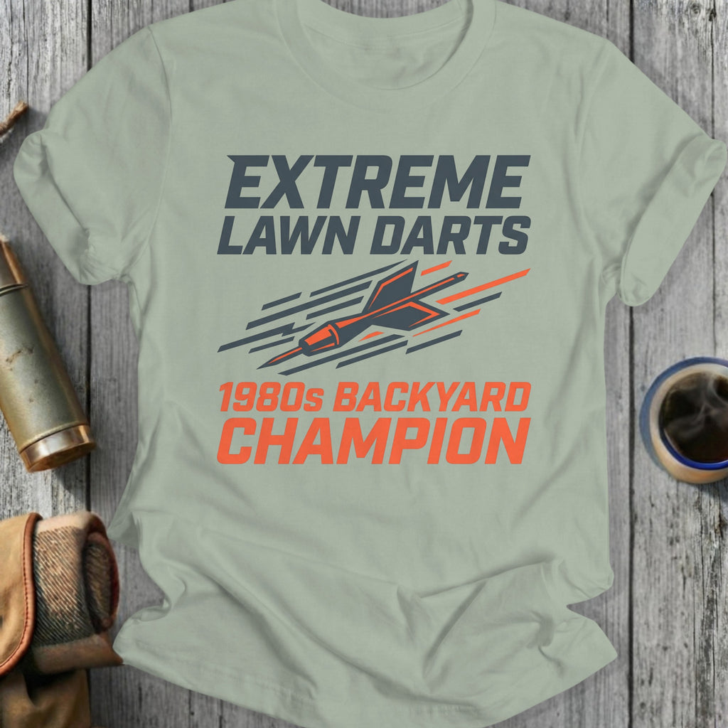 Extreme Lawn Darts 1980s Backyard Champion graphic on a light green t-shirt.