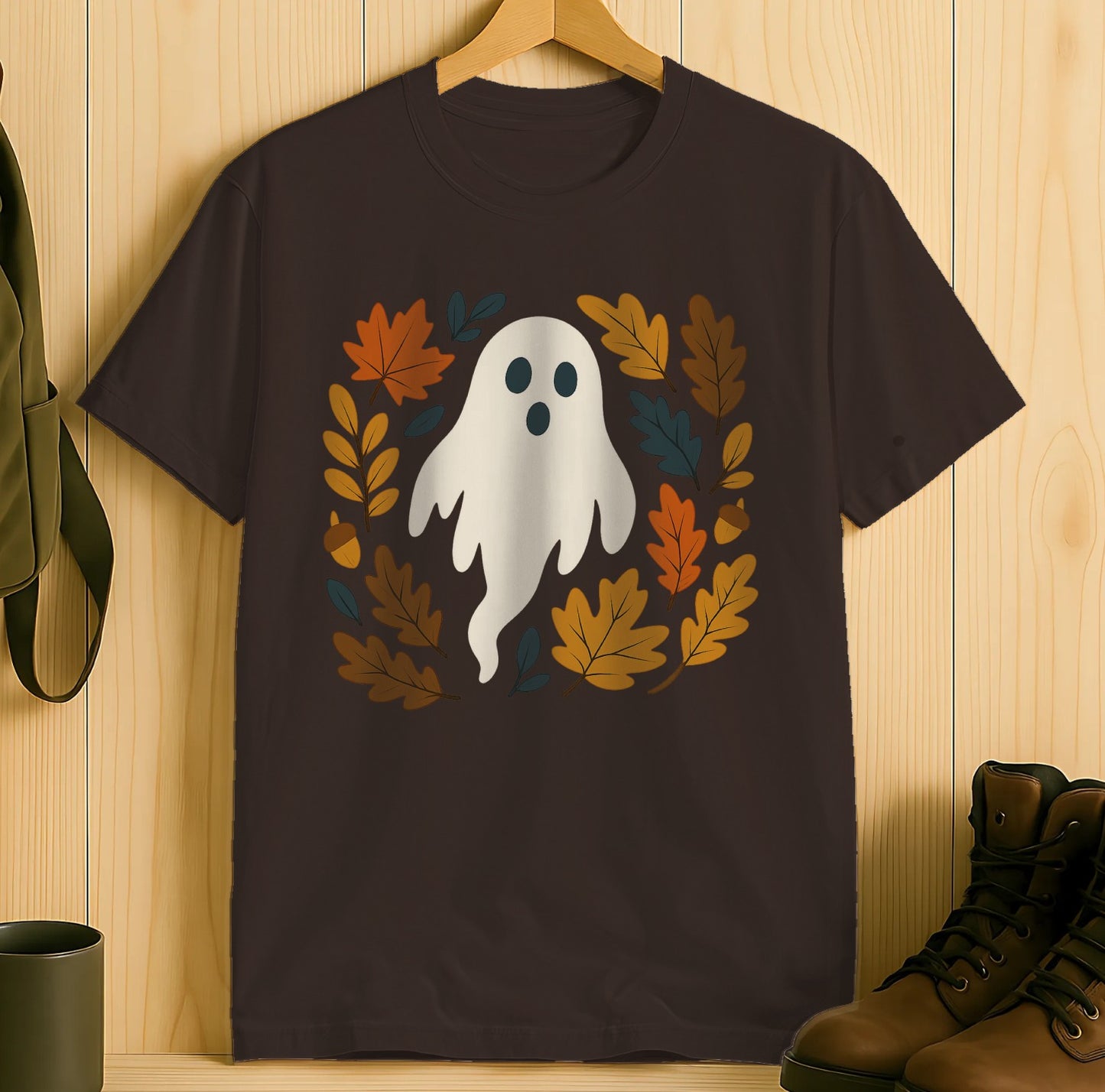 Cute Ghost and Autumn Leaves Design T-Shirt product type