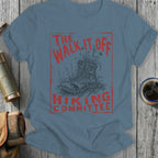 T-shirt graphic of a worn boot with plants growing out, red text "THE WALK IT OFF HIKING COMMITTEE".