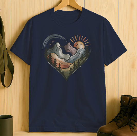 Sunrise and Moonlit Mountain Heart Design T-shirt product