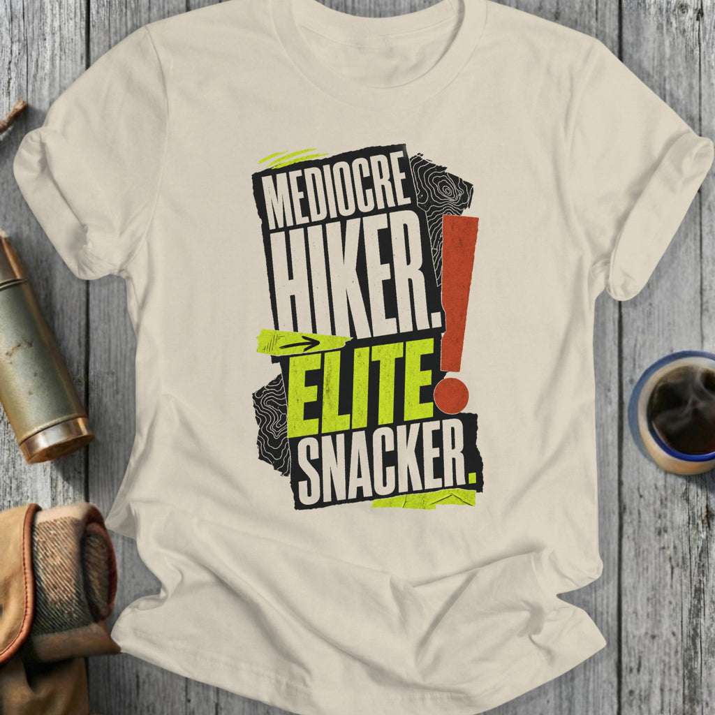 Mediocre Hiker. Elite Snacker. with topographical map graphics.