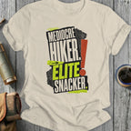 Mediocre Hiker. Elite Snacker. with topographical map graphics.