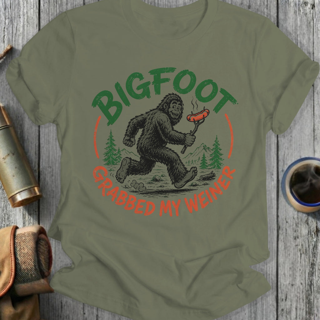 Bigfoot holding a hot dog, "Bigfoot Grabbed My Weiner" text.