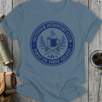 T-shirt with blue circular graphic: "Outdoor Introvert Club, First Up, First Asleep."