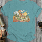 Watercolor boot with tents, mountains, sun, and text "LIVE UNFILTERED. GO OUTSIDE."
