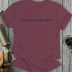 Burgundy t-shirt with "Pack Hike Regret Repeat" text and icons.