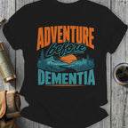 Black t-shirt with "Adventure Before Dementia" text and mountain landscape graphic.
