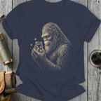 Bigfoot holding a jar filled with glowing fireflies, with fireflies flying around.