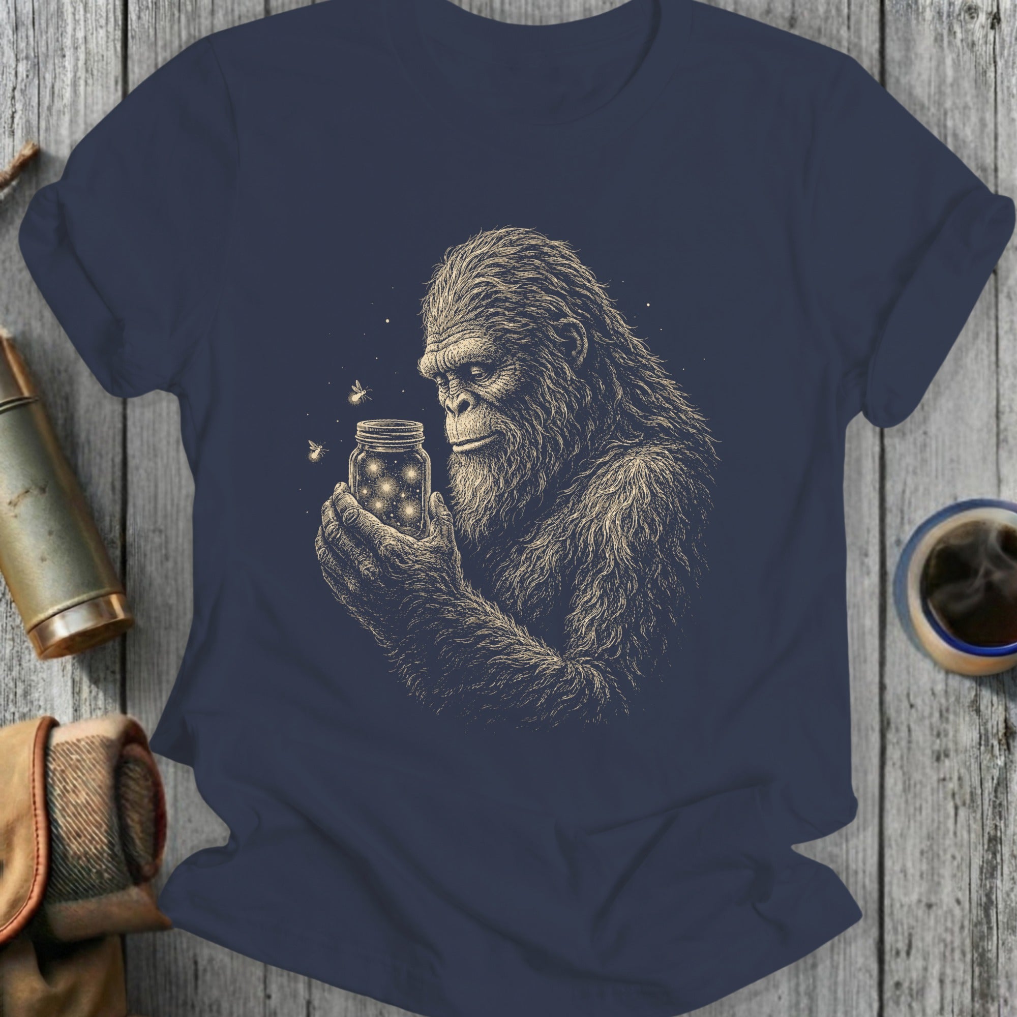 Bigfoot holding a jar filled with glowing fireflies, with fireflies flying around.