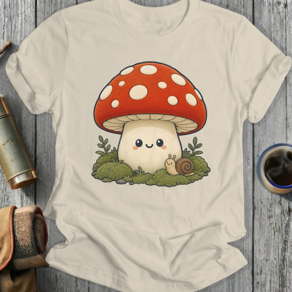 Cute cartoon mushroom with a smiling face and a snail on moss.