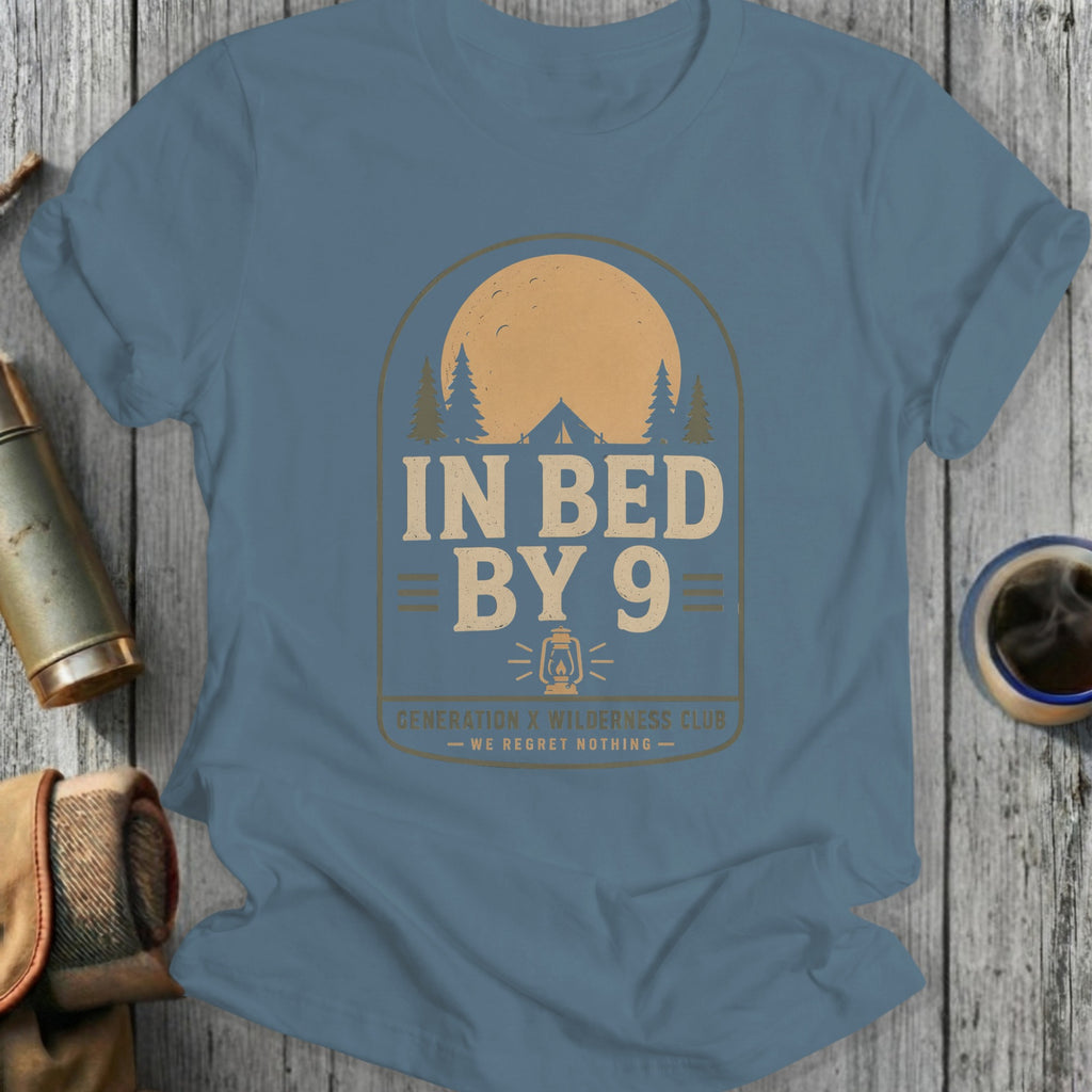 Blue t-shirt with "IN BED BY 9" and "GENERATION X WILDERNESS CLUB" text.