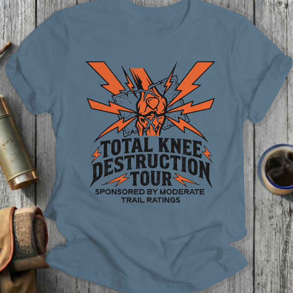 "Total Knee Destruction Tour" t-shirt with lightning bolts and crossed wrenches.