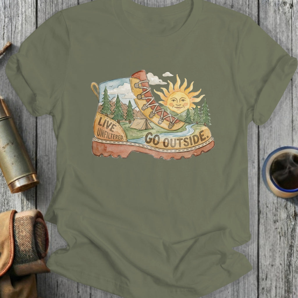 Olive green t-shirt with a hiking boot graphic and the text "LIVE UNFILTERED. GO OUTSIDE."