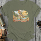 Olive green t-shirt with a hiking boot graphic and the text "LIVE UNFILTERED. GO OUTSIDE."