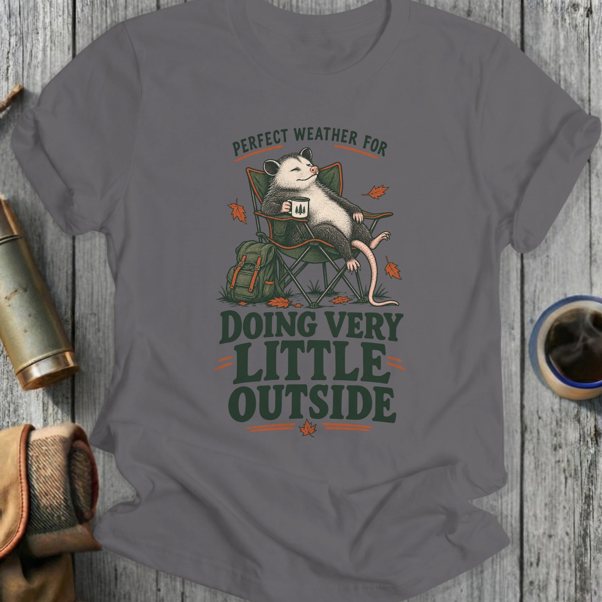 Opossum in a camp chair with coffee, "Perfect Weather For Doing Very Little Outside."