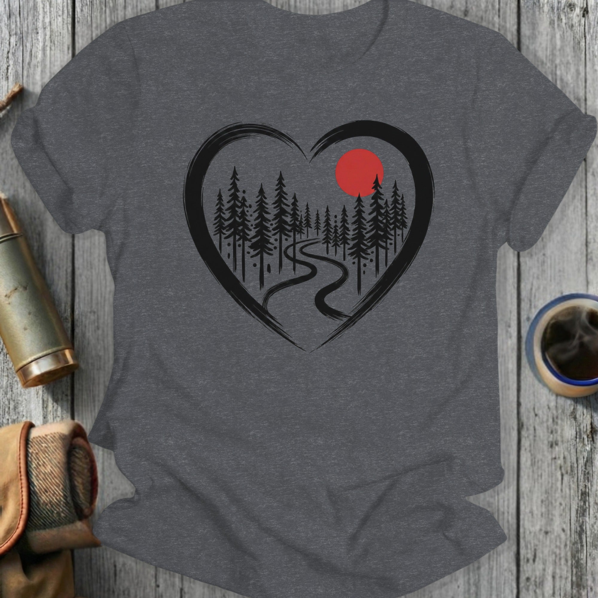 Heart Shaped Forest Design with Red Sun Casual Shirt