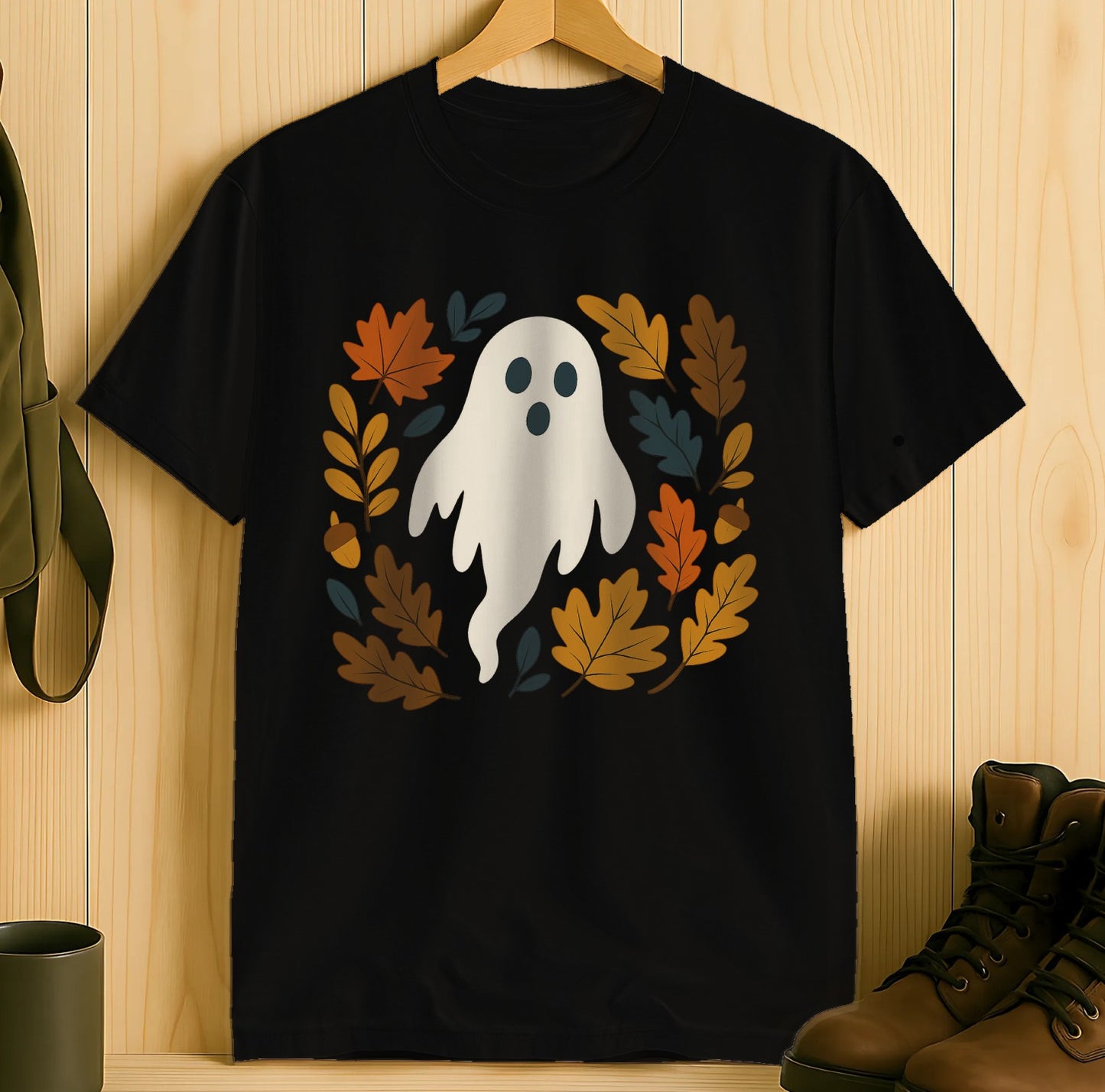 Spooky Ghost with Fall Leaves Design T-Shirt product type