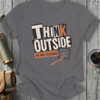 T-shirt with "THINK OUTSIDE NO BOX REQUIRED" graphic.