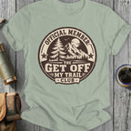 Circular emblem with mountains, trees, and text "Official Member, The Get Off My Trail Club".